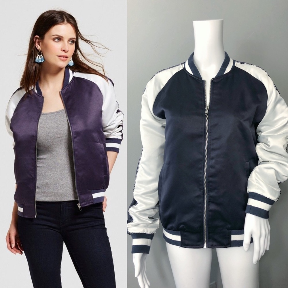 🚫 SOLD 🚫 Bagatelle Navy and White Bomber Zip-up Jacket SZ L